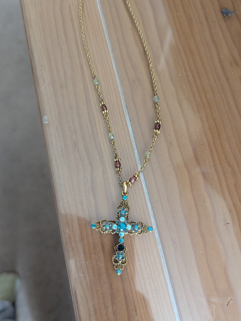 Gold-Tone Cross Necklace with Blue Turquoise Stones